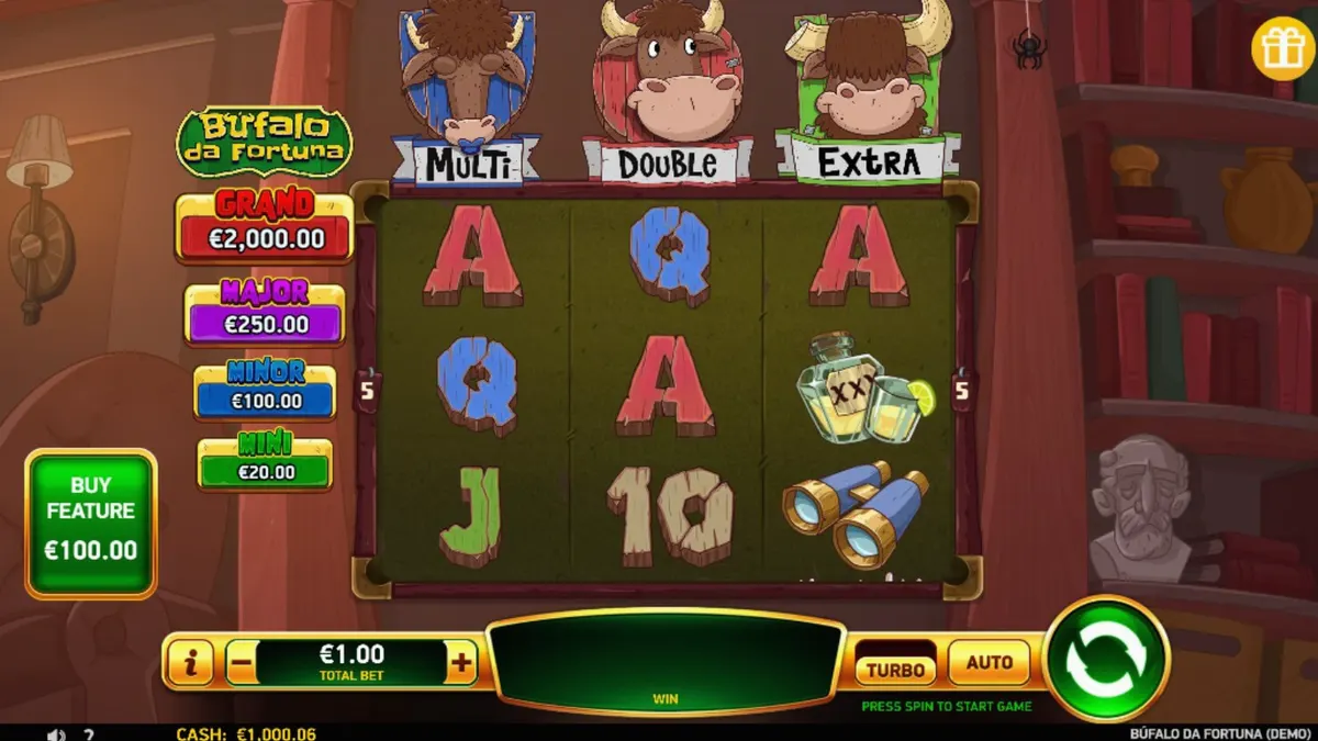 Giao diện trò chơi slot Buffalo da Fortuna với biểu tượng trâu vàng và phong cảnh thiên nhiên