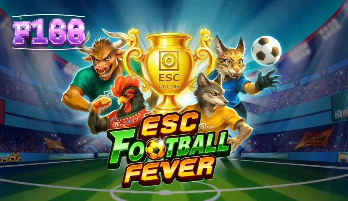 Giao diện trò chơi slot ESC Football Fever với hình ảnh sân vận động và các biểu tượng bóng đá.